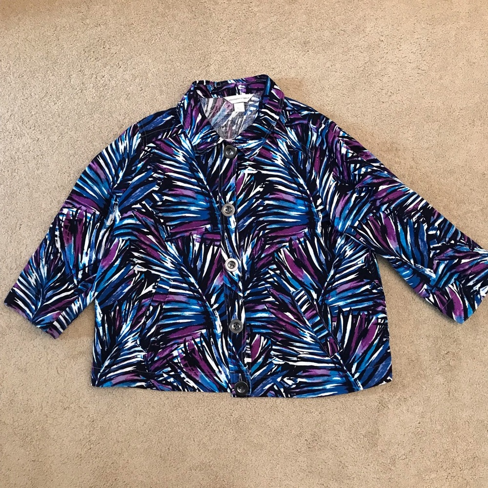 Christopher Banks Linen Blend Cropped Jacket Size Large Blue Purple Pockets